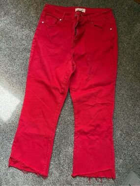 CHARLIE B Red Cropped Straight Jeans with Frayed Hem